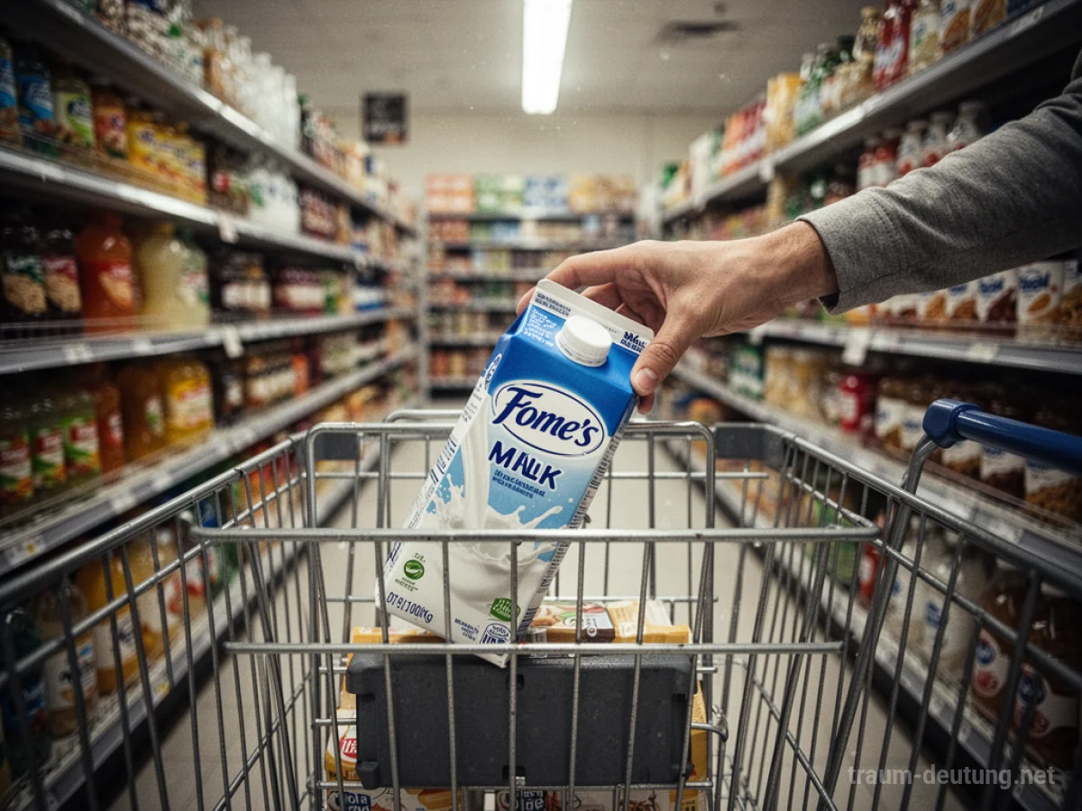 Hand legt Milchpackung in Einkaufswagen im Supermarkt.