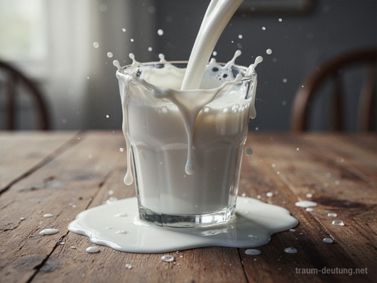 Milch fließt aus einem Glas über den Rand auf einen Tisch.