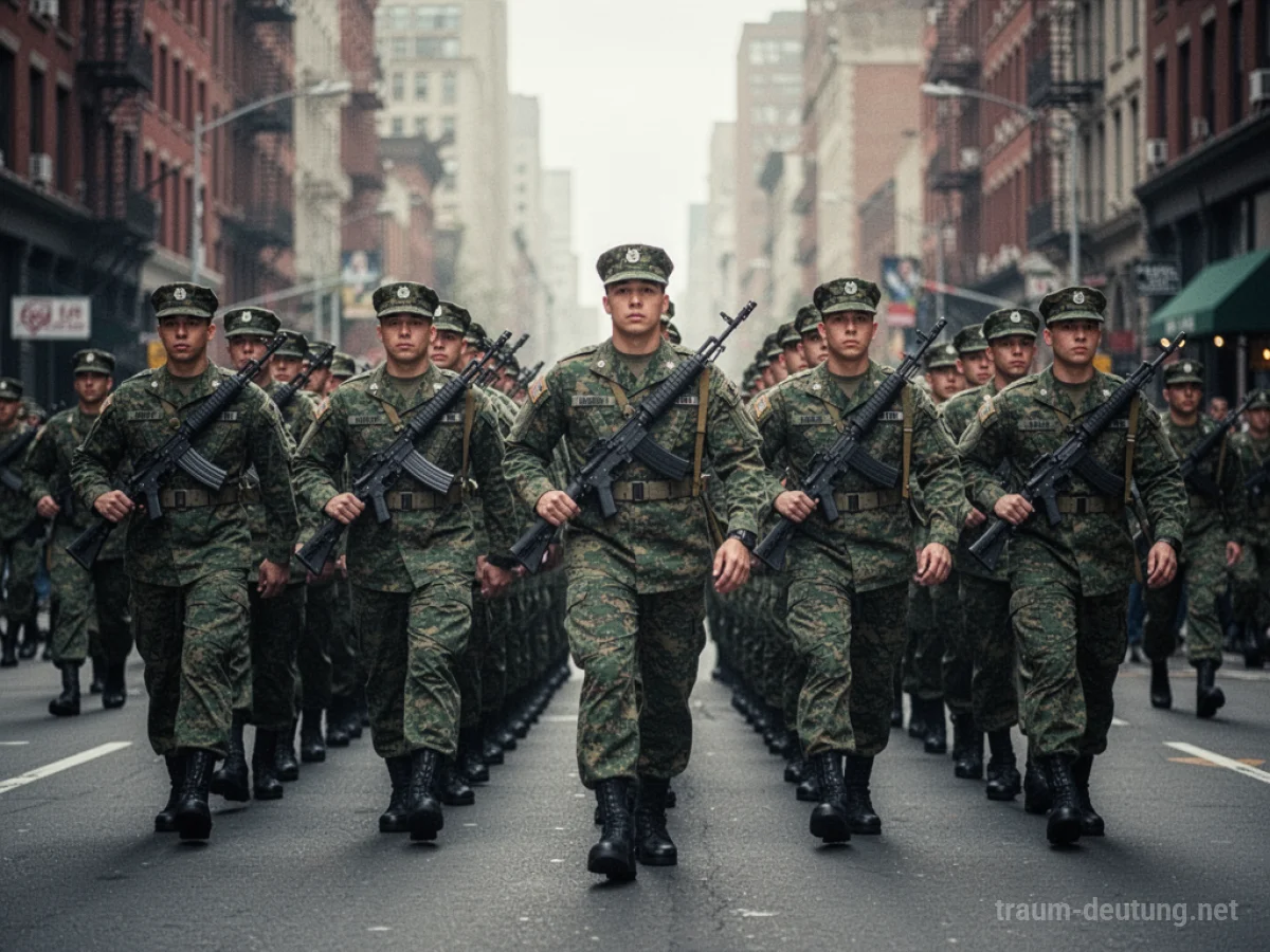 Militärformation marschiert geordnet durch eine Stadtstraße.