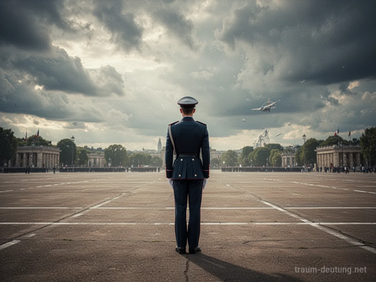 Eine einzelne Person in Uniform steht auf einem leeren Exerzierplatz.