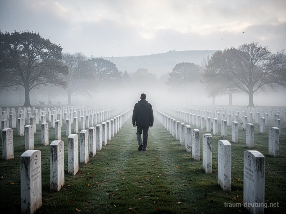 Ein einsamer Pfad führt über einen nebelverhangenen Militärfriedhof mit unzähligen Grabsteinen.