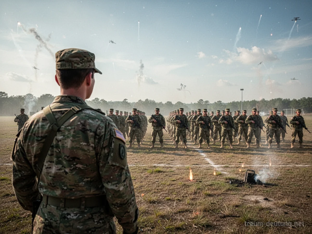 Eine Person beobachtet eine Militärübung auf einem Feld.