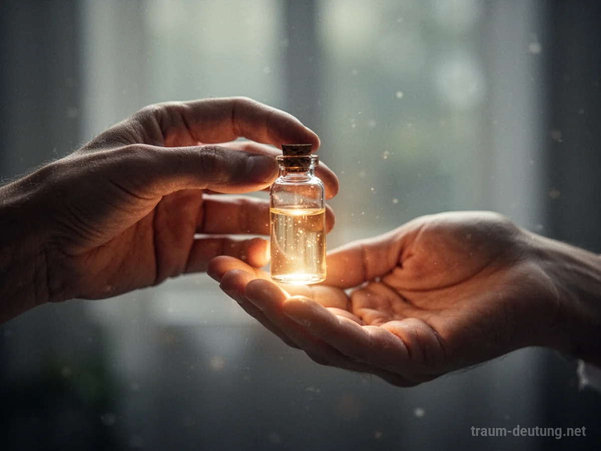 Eine Hand reicht einer anderen Hand ein kleines Fläschchen mit leuchtender Medizin.