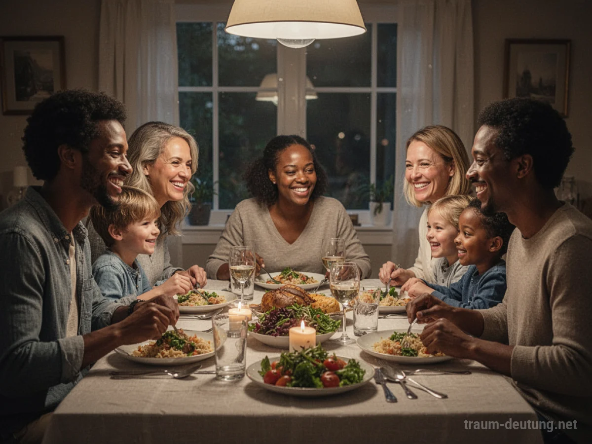 Familie isst gemeinsam am Tisch und lacht
