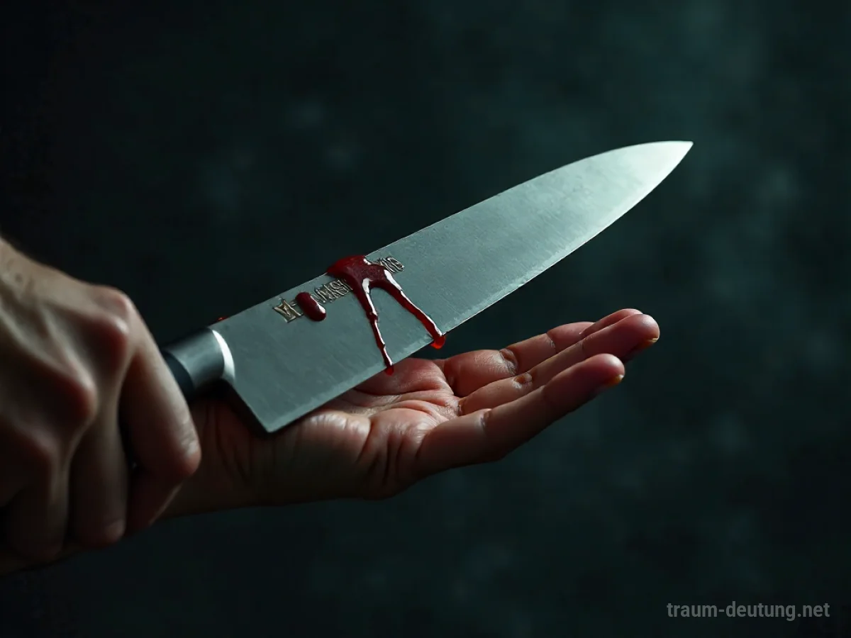 Hand hält ein Melonenmesser mit der Klinge zur eigenen Hand gerichtet.