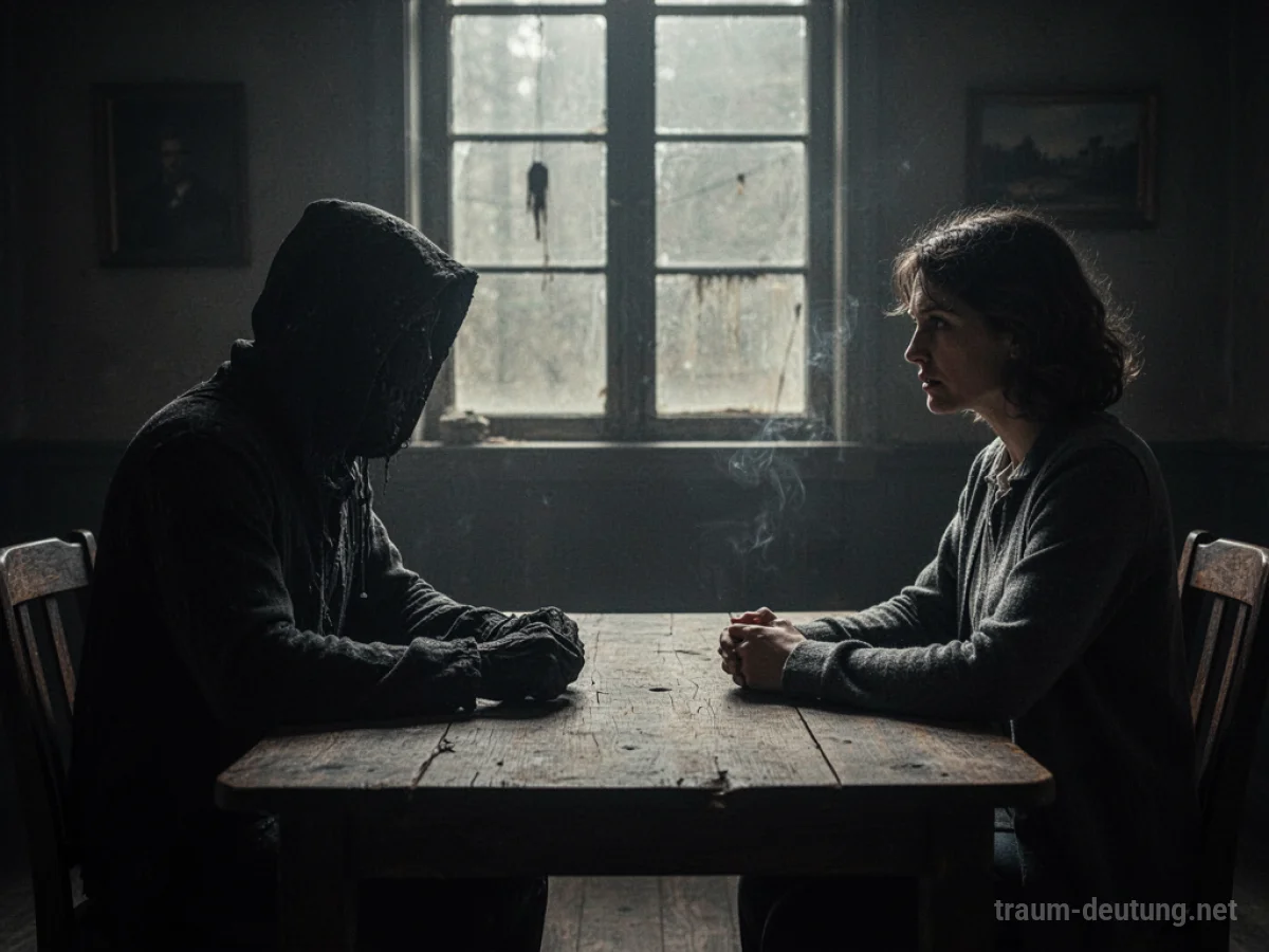 Schattenhafte Figur spricht an einem Tisch mit einer anderen Person