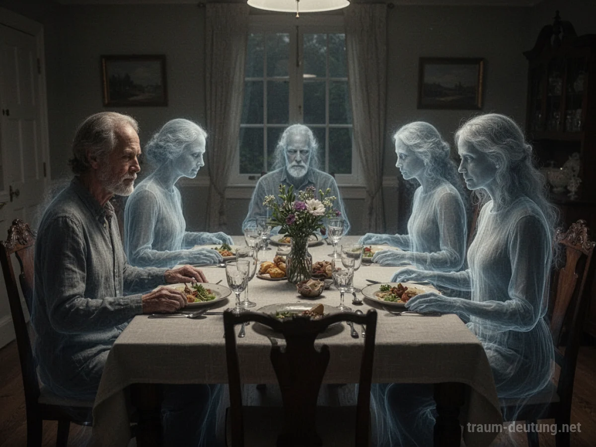Eine Tafel mit Geisterfiguren, die an einem Essen teilnehmen.