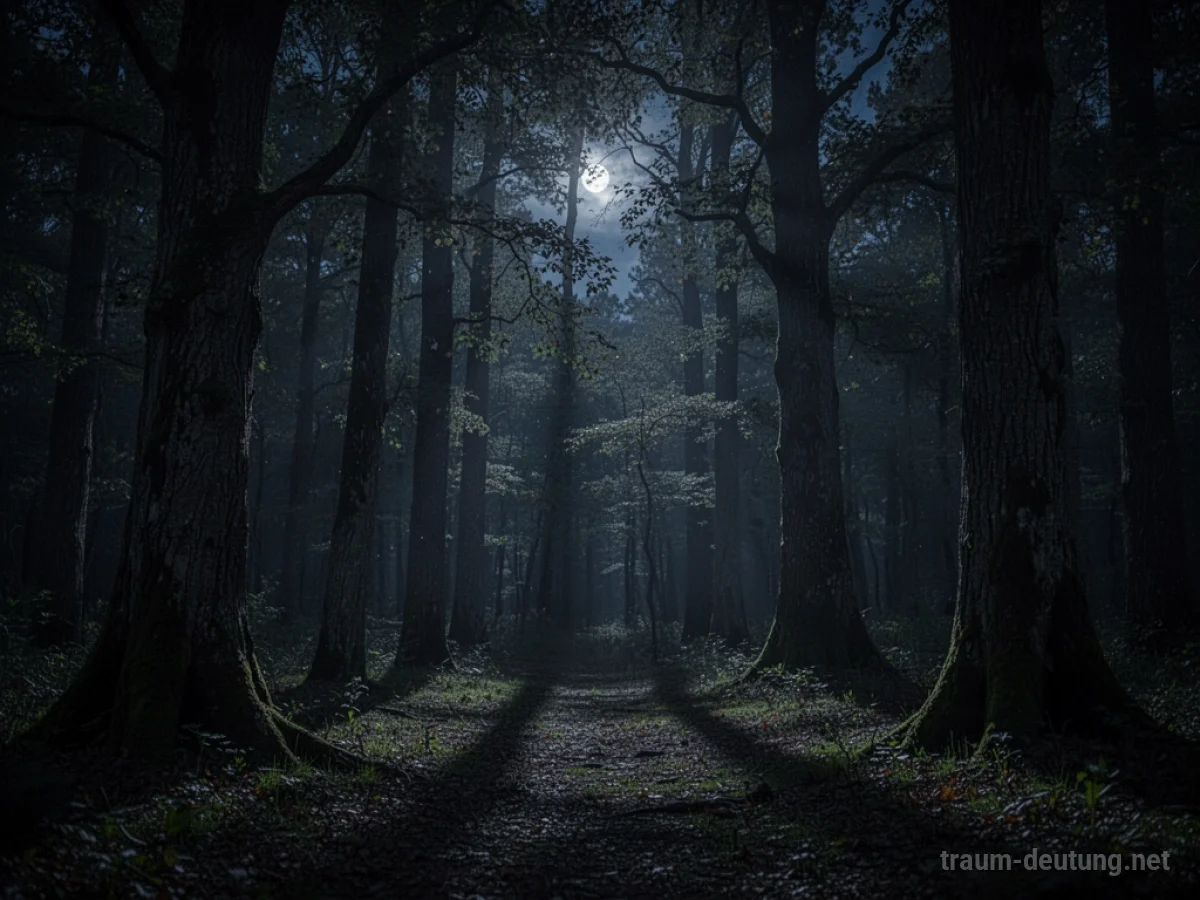 Dunkler Wald bei Nacht mit Mondlicht und langen Schatten