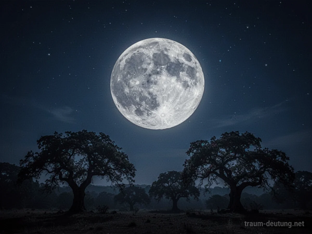 Mitternacht mit Vollmond über dunklen Baumsilhouetten
