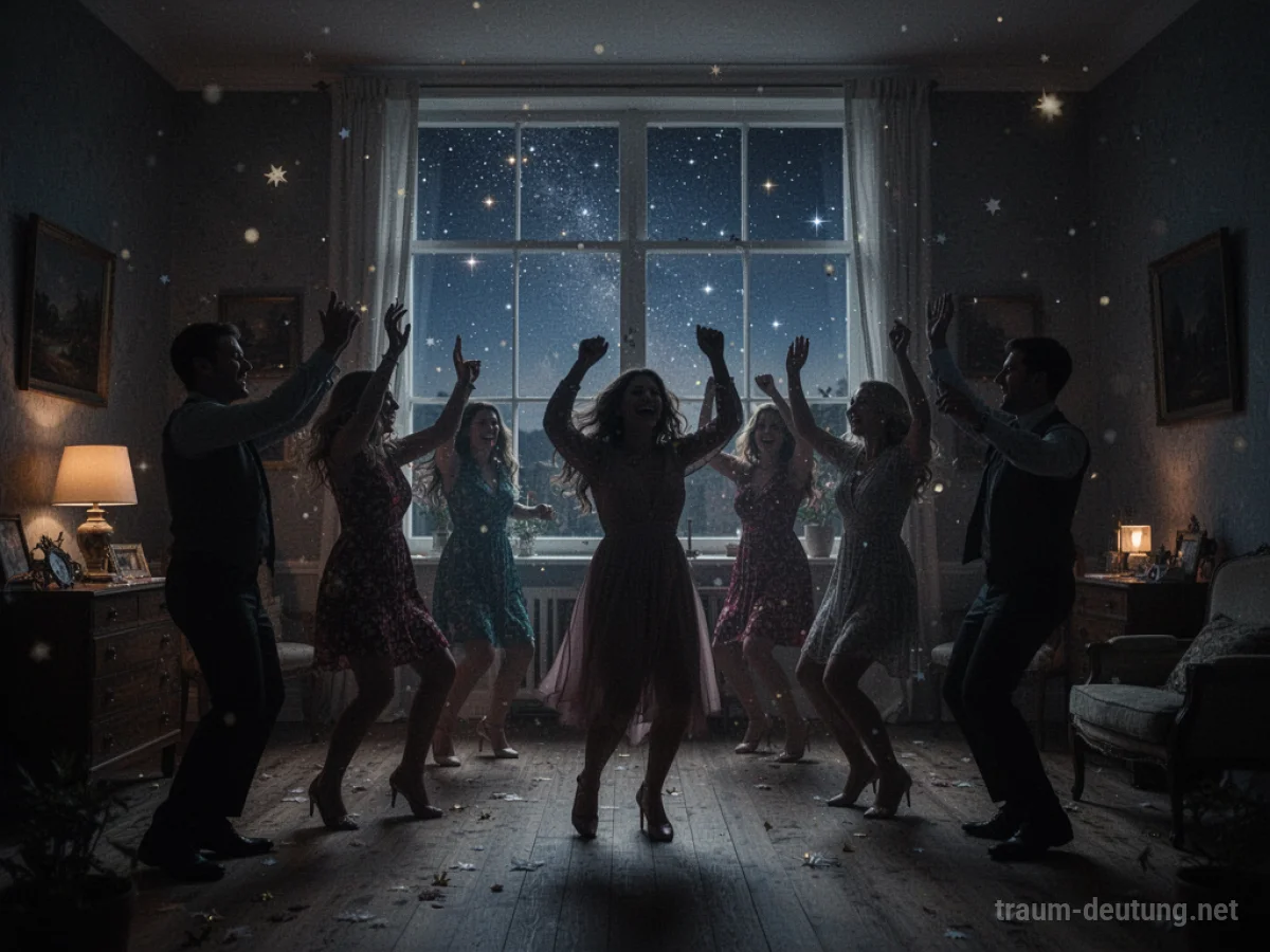 Silhouetten von Menschen feiern auf einer Mitternachtsparty, Sterne am Himmel.