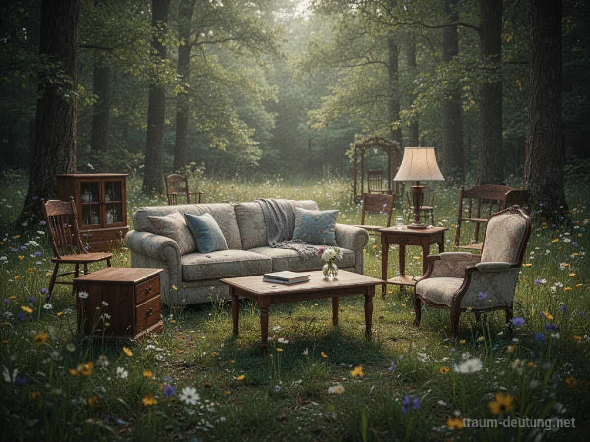 Möbel im Freien, wie ein Sofa und Tisch in einer Waldlichtung.