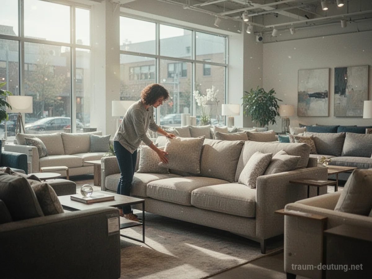 Eine Person wählt ein neues Sofa in einem hellen Möbelhaus aus.