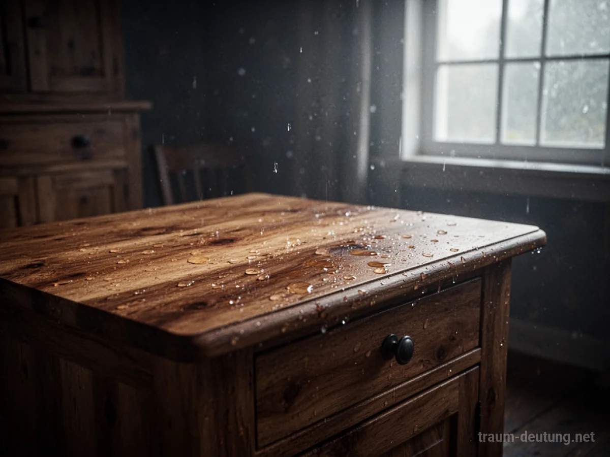 Nasse Holzmöbel in einem schwach beleuchteten Raum mit Wassertropfen