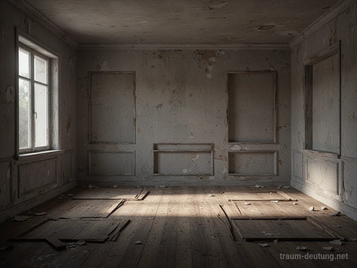 Leeres Zimmer, in dem Möbel verschwunden sind, mit Schatten an den ehemaligen Stellen.