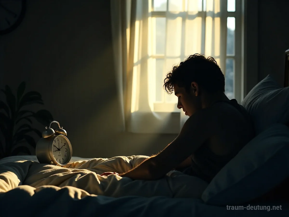 Person, die im Traum den Morgen verschläft, mit Sonnenlicht, das in ein dunkles Zimmer fällt.