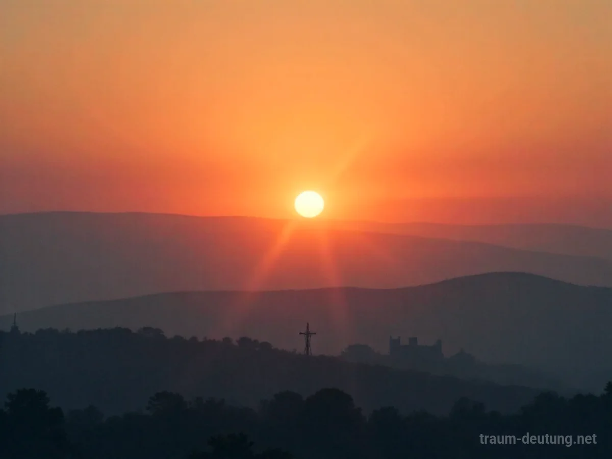 Sonnenaufgang mit schemenhaften Kirchturmglocken am Horizont