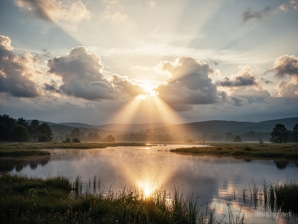 Ein einzelner goldener Sonnenstrahl bricht durch Wolken über einer ruhigen Landschaft.