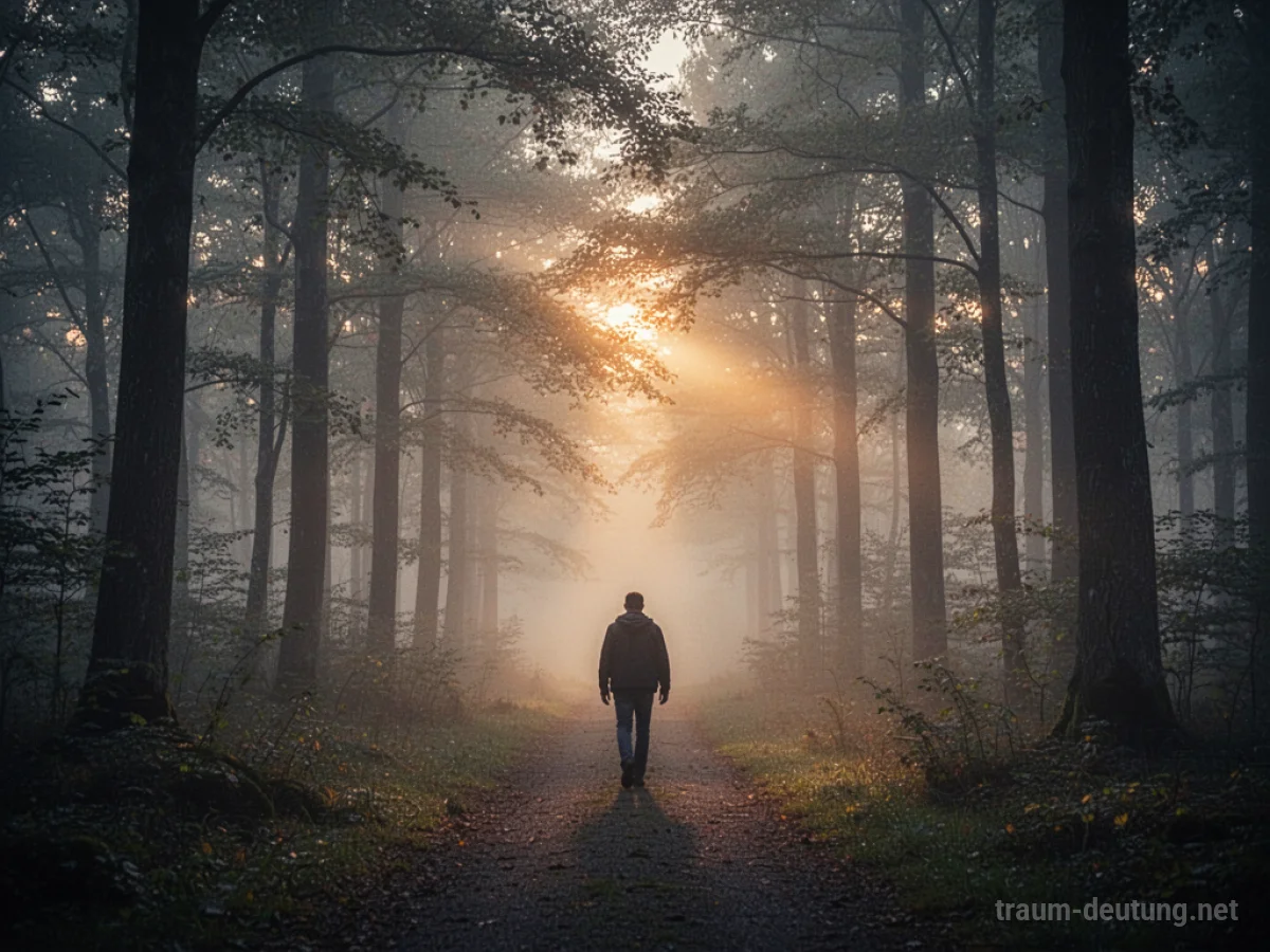 Eine Person geht auf einem Weg durch einen nebeligen Wald im Morgengrauen.