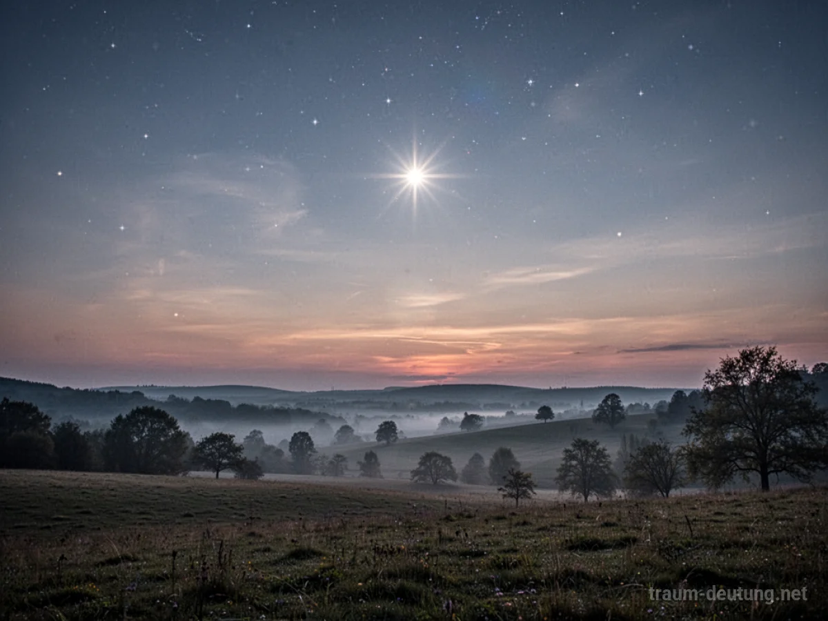 Ein heller Stern am Morgenhimmel über einer friedlichen Landschaft.