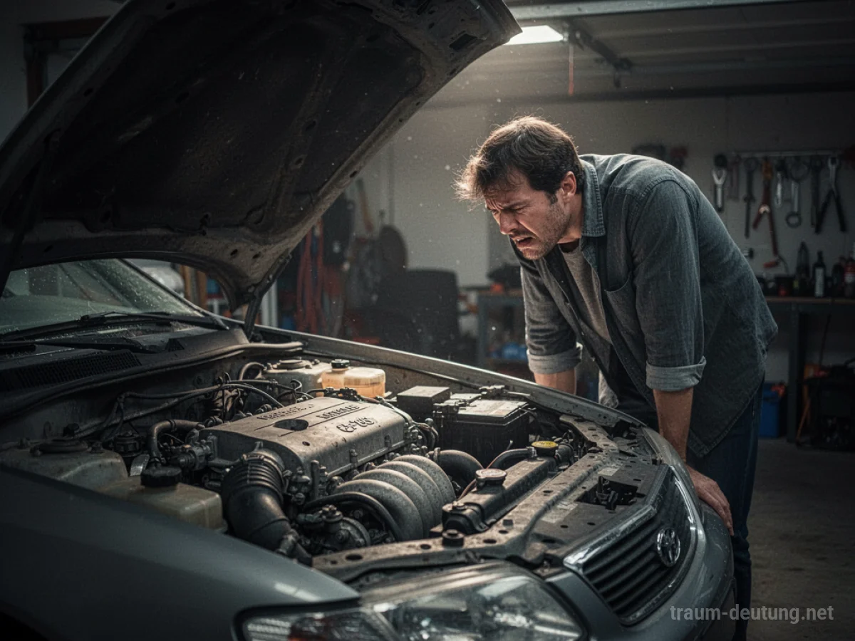 Ein Auto-Motor, der nicht anspringt, mit einer Person, die ratlos davorsteht.