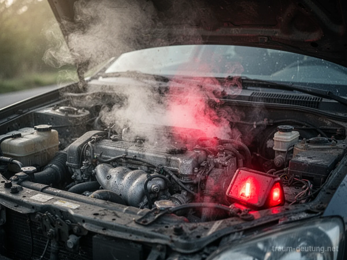 Überhitzter Motor eines Autos mit Dampf und rotem Warnlicht