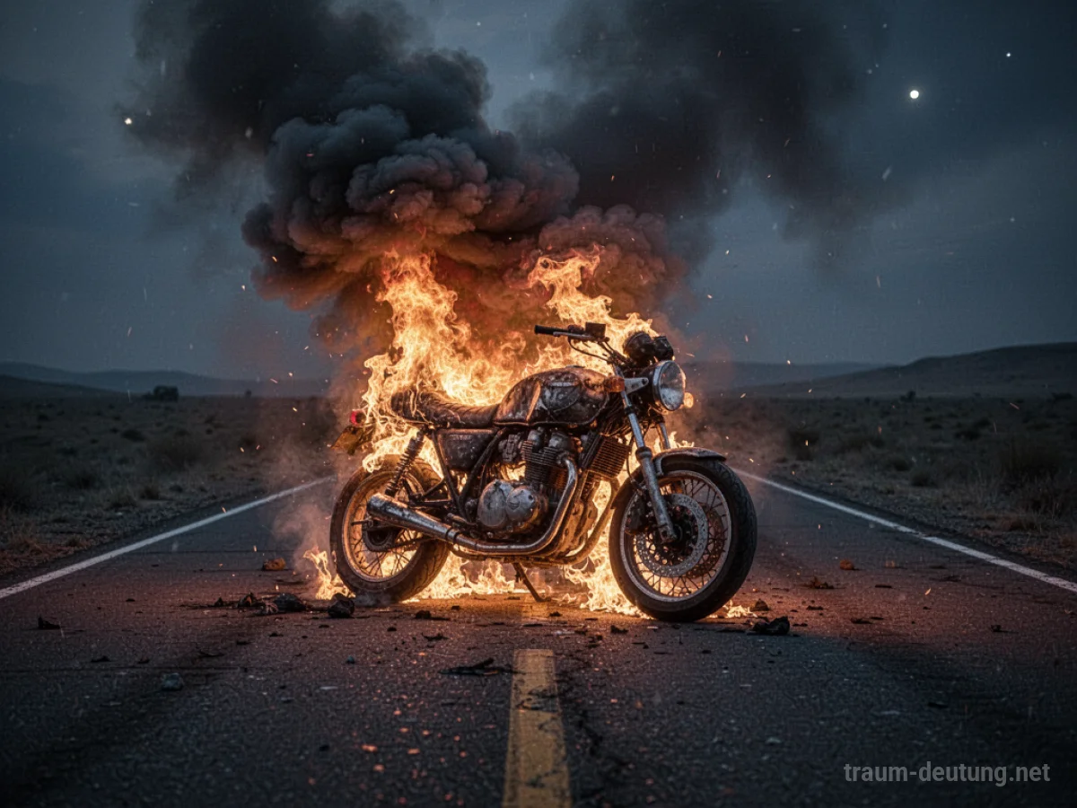 Brennendes Motorrad auf dunkler Straße