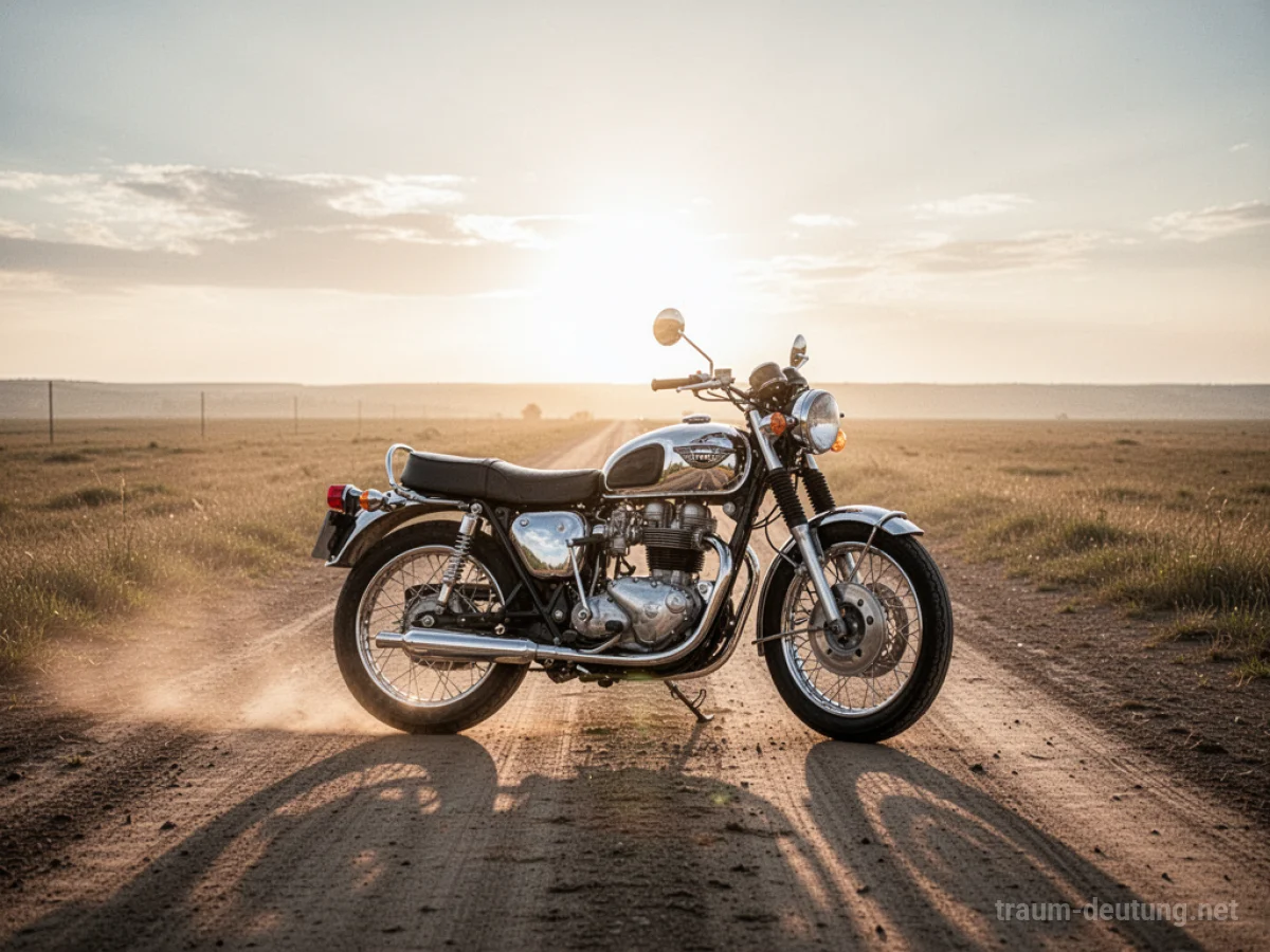 Ein glänzendes Motorrad steht auf einer Straße mit aufgehender Sonne.