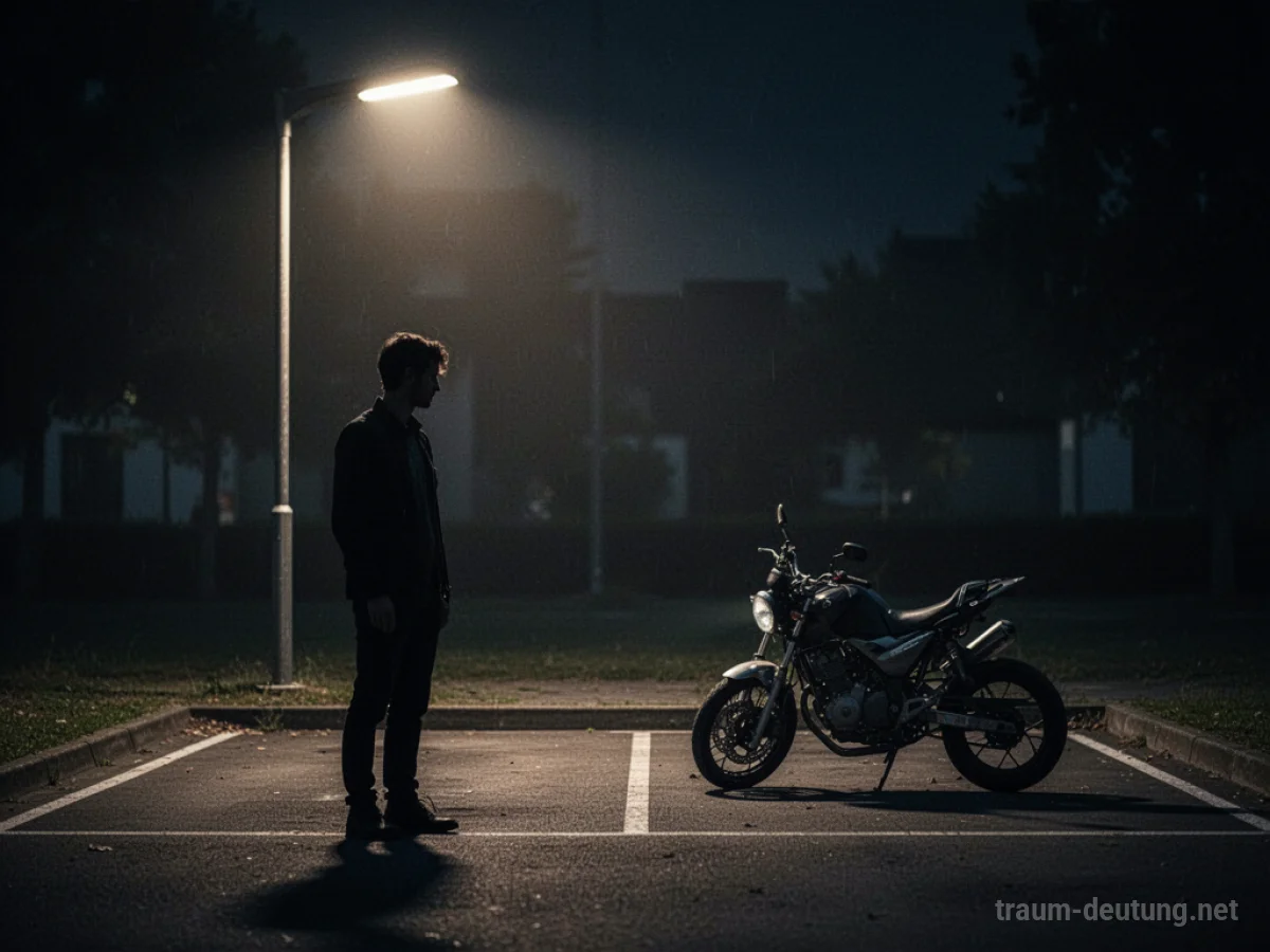 Silhouette einer Person neben einem leeren Parkplatz, wo einst ein Motorrad stand.