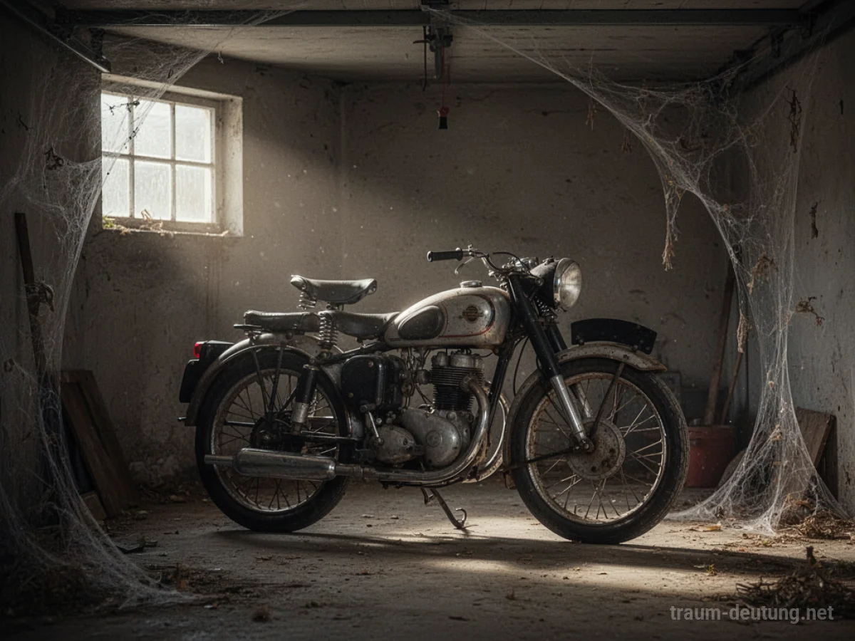Ein Motorrad steht in einer dunklen, staubigen Garage
