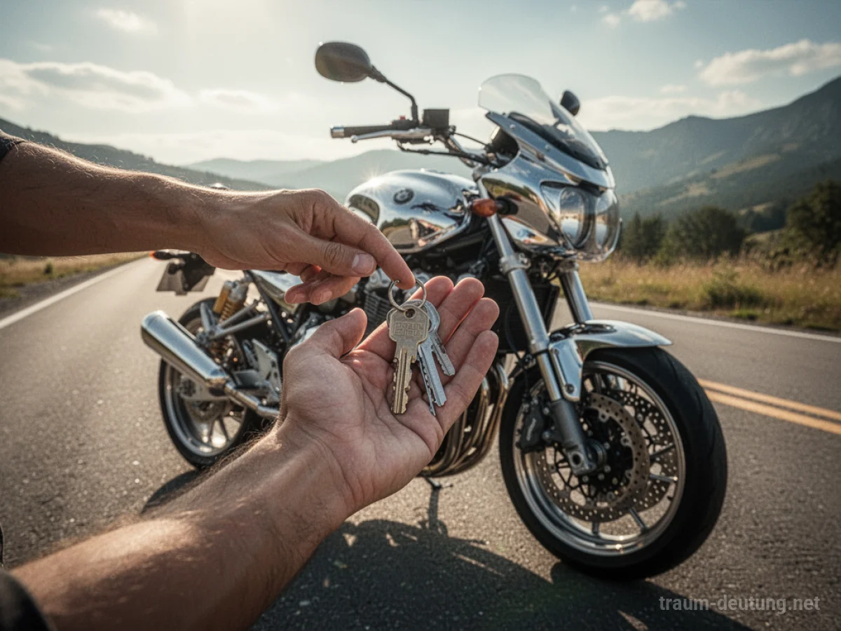 Hände halten Schlüssel vor einem neuen Motorrad auf einer sonnigen Straße.