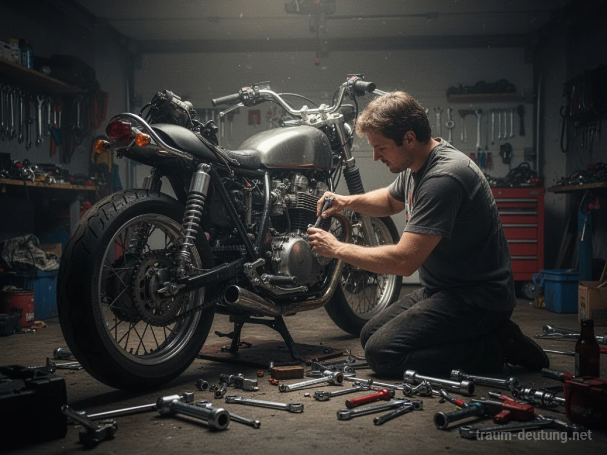 Mechaniker repariert ein Motorrad in einer Werkstatt