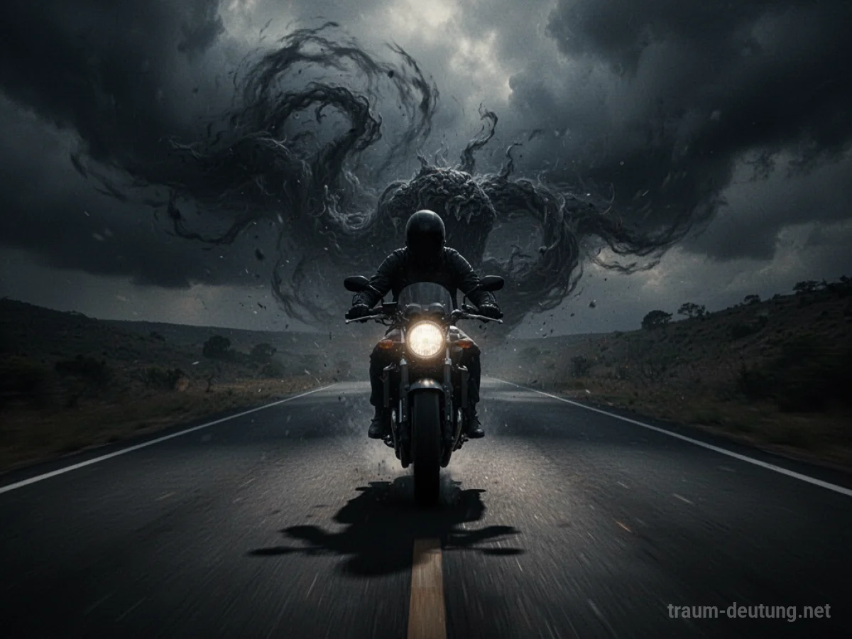 Ein Motorrad fährt auf einer dunklen Straße, verfolgt von einem dunklen Schatten.