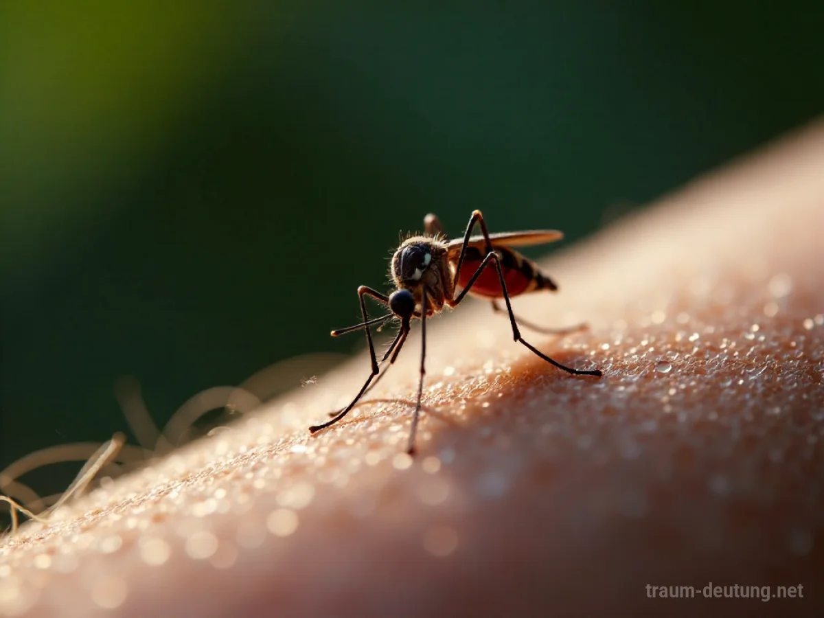 Mücke schwebt nahe am Arm einer Person, unscharfer Hintergrund
