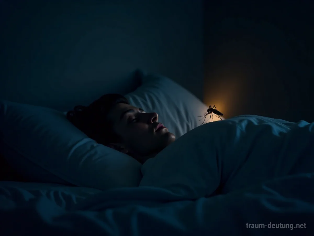 Silhouette einer Mücke schwirrt über einem schlafenden Menschen im dunklen Schlafzimmer.