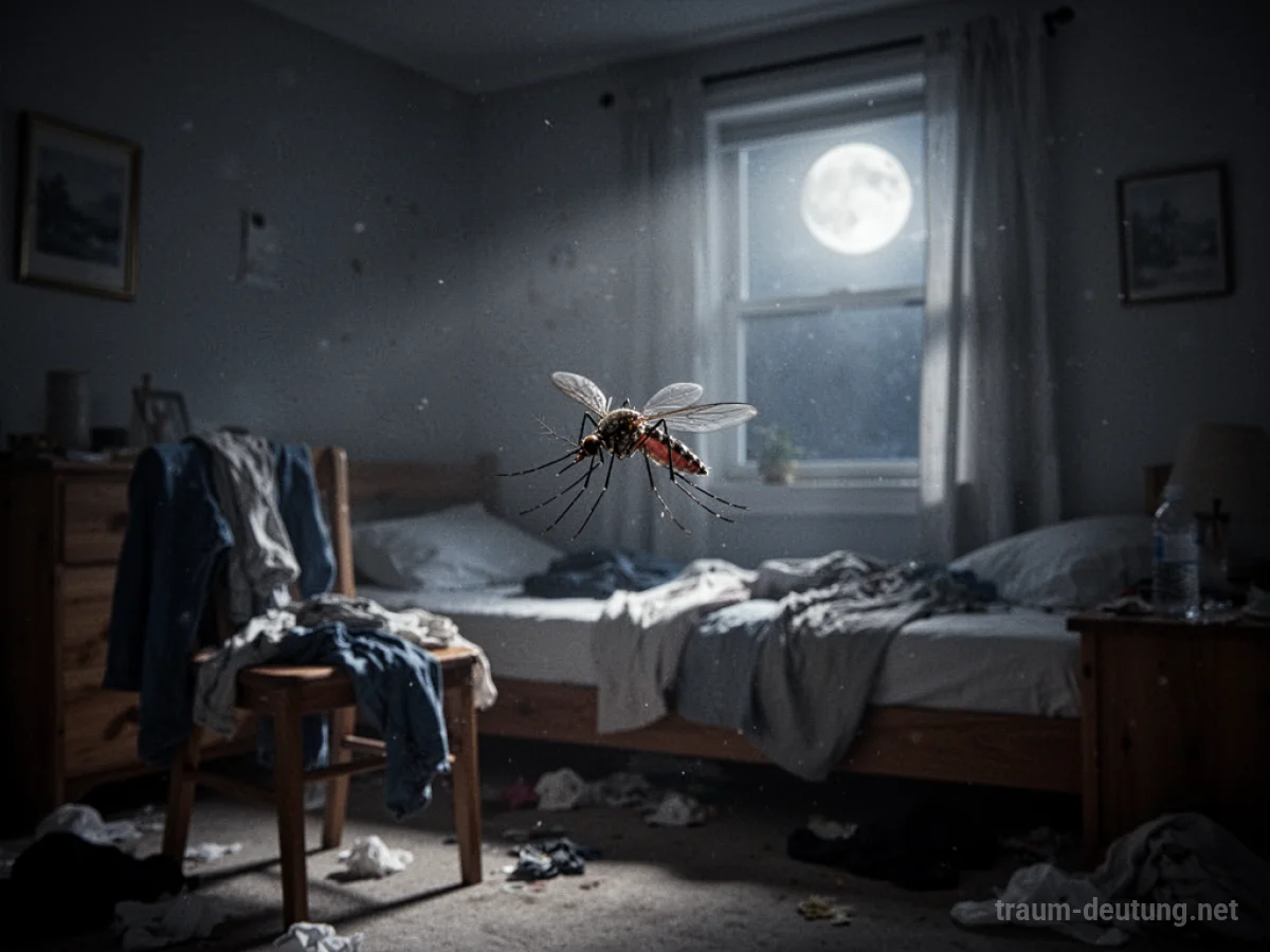 Eine einzelne Mücke fliegt in einem dunklen Schlafzimmer.