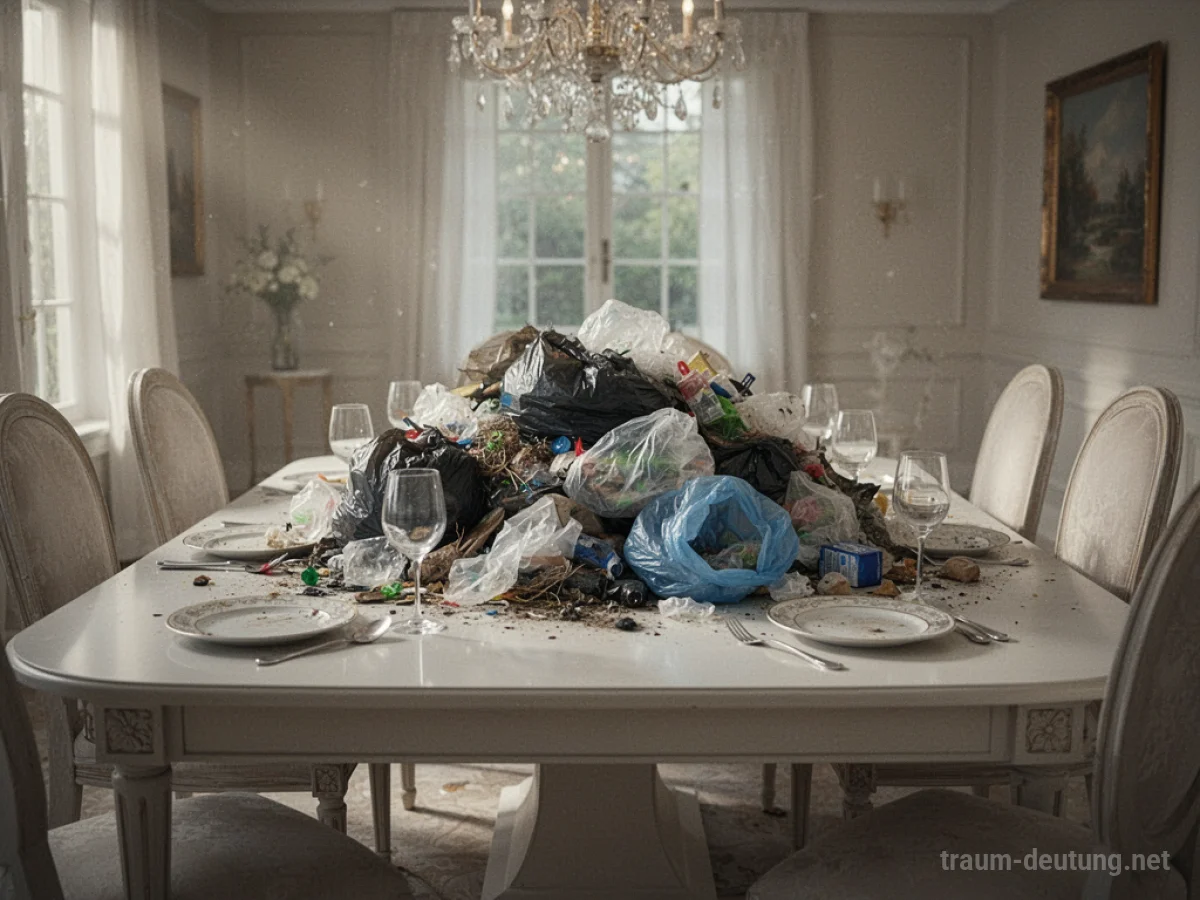 Müll liegt auf einem Esstisch im Esszimmer