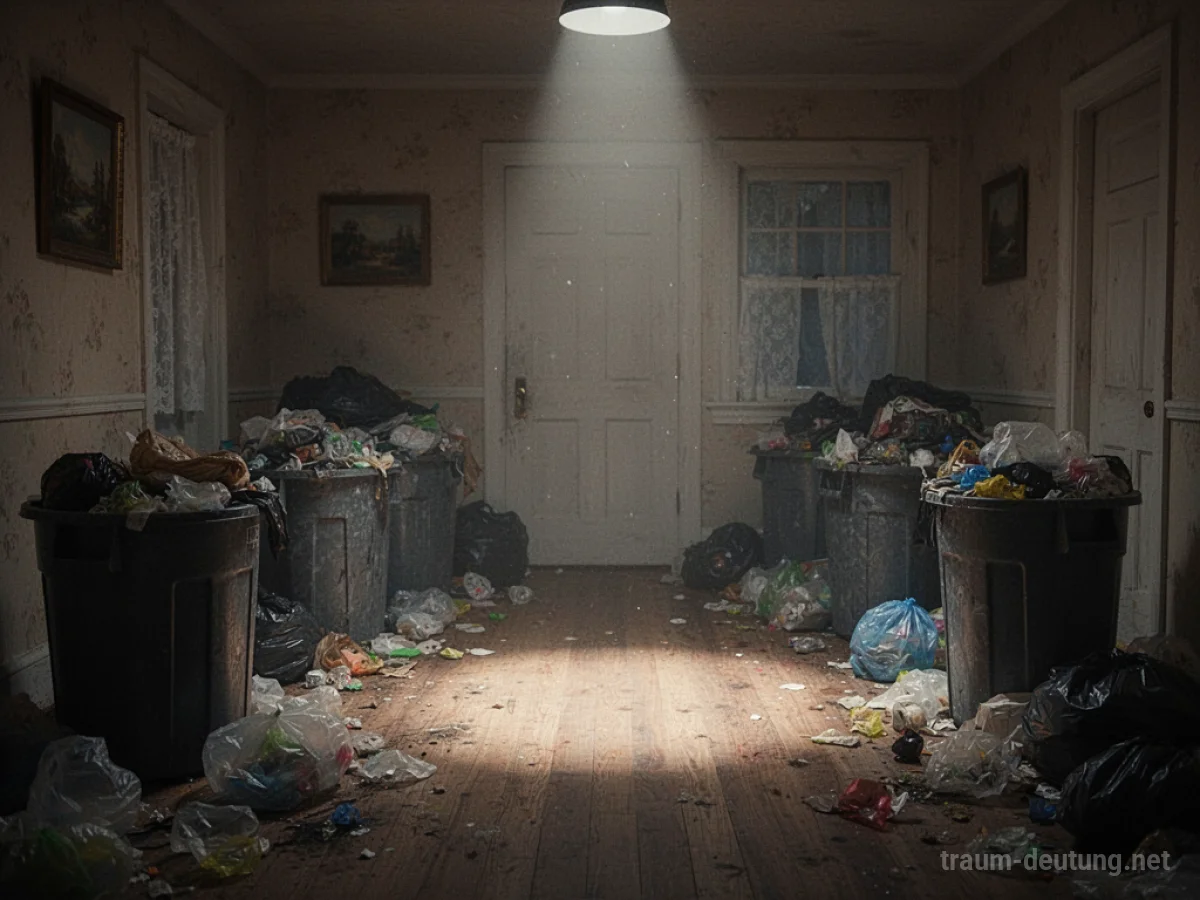 Überfüllte Mülltonnen und Abfall in einem dunklen Hauszimmer.