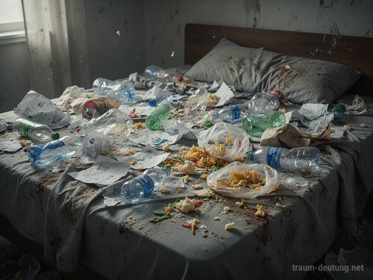 Müll bedeckt ein Bett, was auf emotionale Unordnung und Vernachlässigung hinweist.