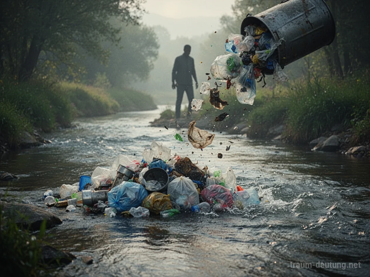 Müll wird in einen Fluss geworfen, eine Person steht im Hintergrund.