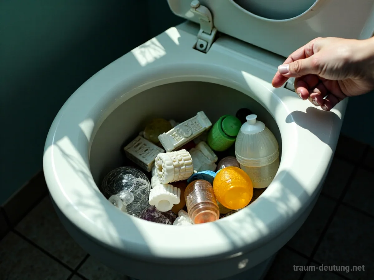 Müll in einer Toilettenschüssel, eine Hand ragt von oben hinein.