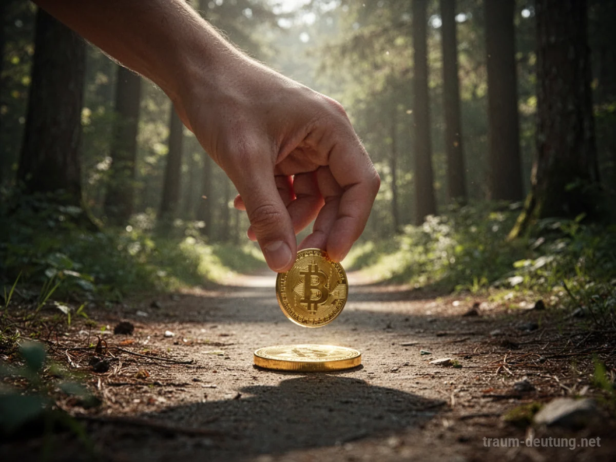 Hand findet glänzende Goldmünze auf einem Waldweg.