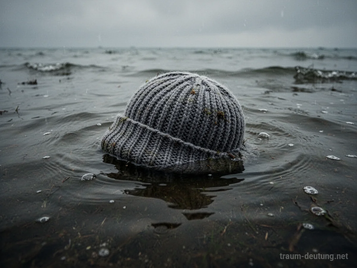 Eine Mütze treibt auf trübem Wasser unter einem bedeckten Himmel.