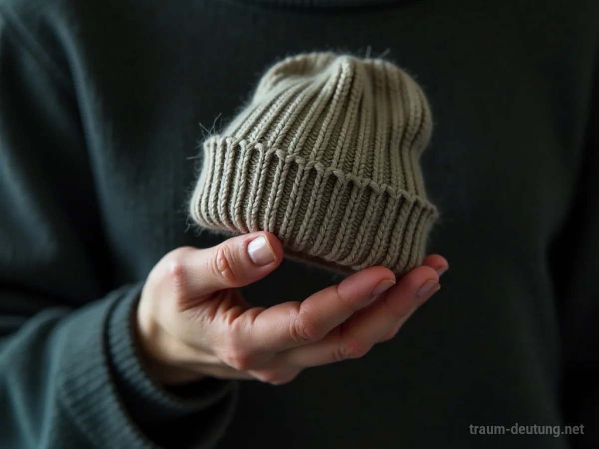 Hand hält eine Mütze.