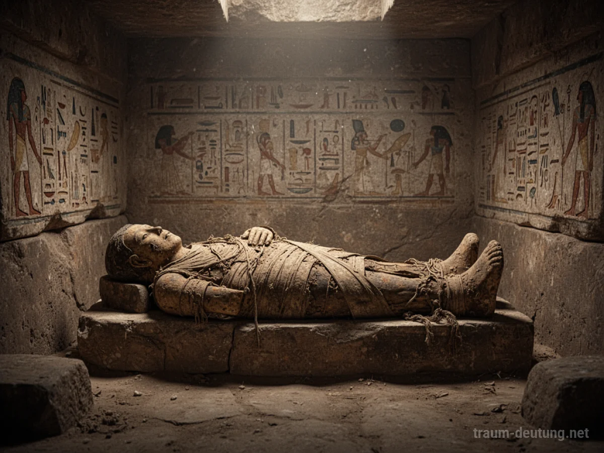 Mumie in einem alten Grab, umgeben von Sarkophagen und Hieroglyphen.
