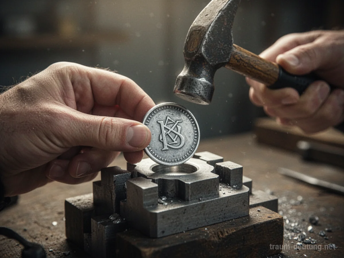 Hand prägt eine Münze mit einem Hammer auf einem Amboss