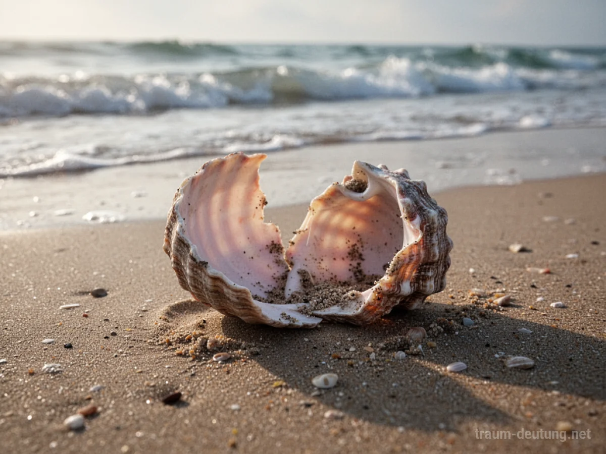 Eine zerbrochene Muschel liegt am Strand.
