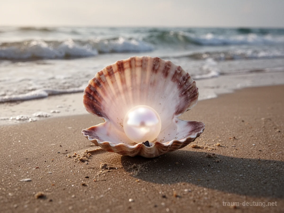 Muschel mit einer leuchtenden Perle im Inneren, am Strand liegend.