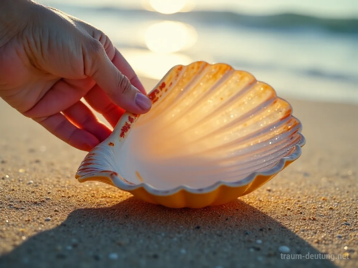 Eine Hand öffnet vorsichtig eine schillernde Muschel am Strand.