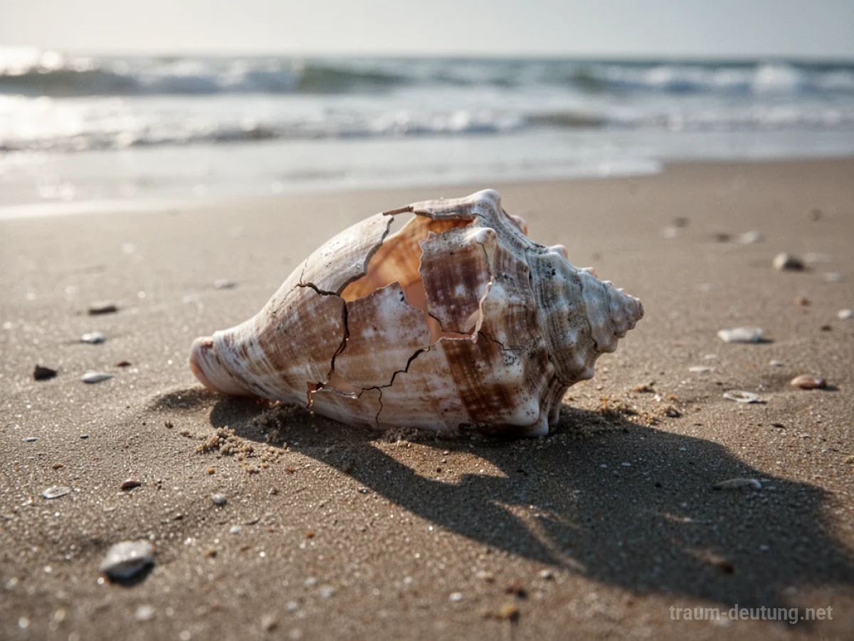 Zerbrochene Muschel am Strand, überschattet.