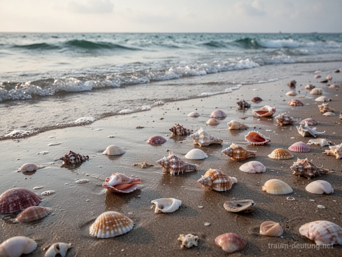 Muscheln liegen am Strand verstreut nahe der Meeresbrandung.